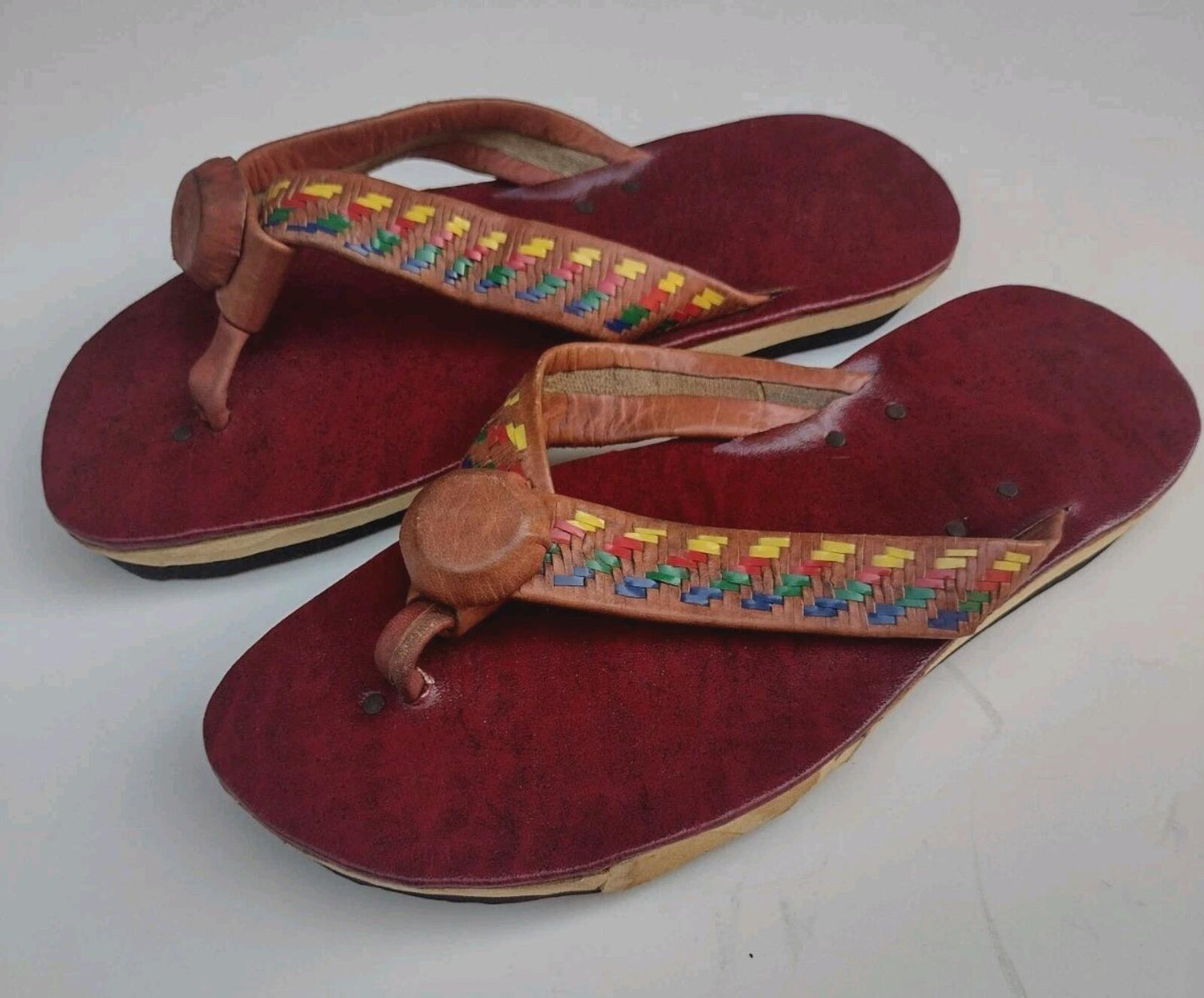 VTG 70s Handmade Indian Leather Sandals Boho Festival Woven Artisan Flip Flops 9