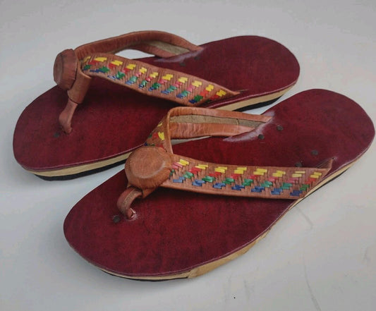 VTG 70s Handmade Indian Leather Sandals Boho Festival Woven Artisan Flip Flops 9