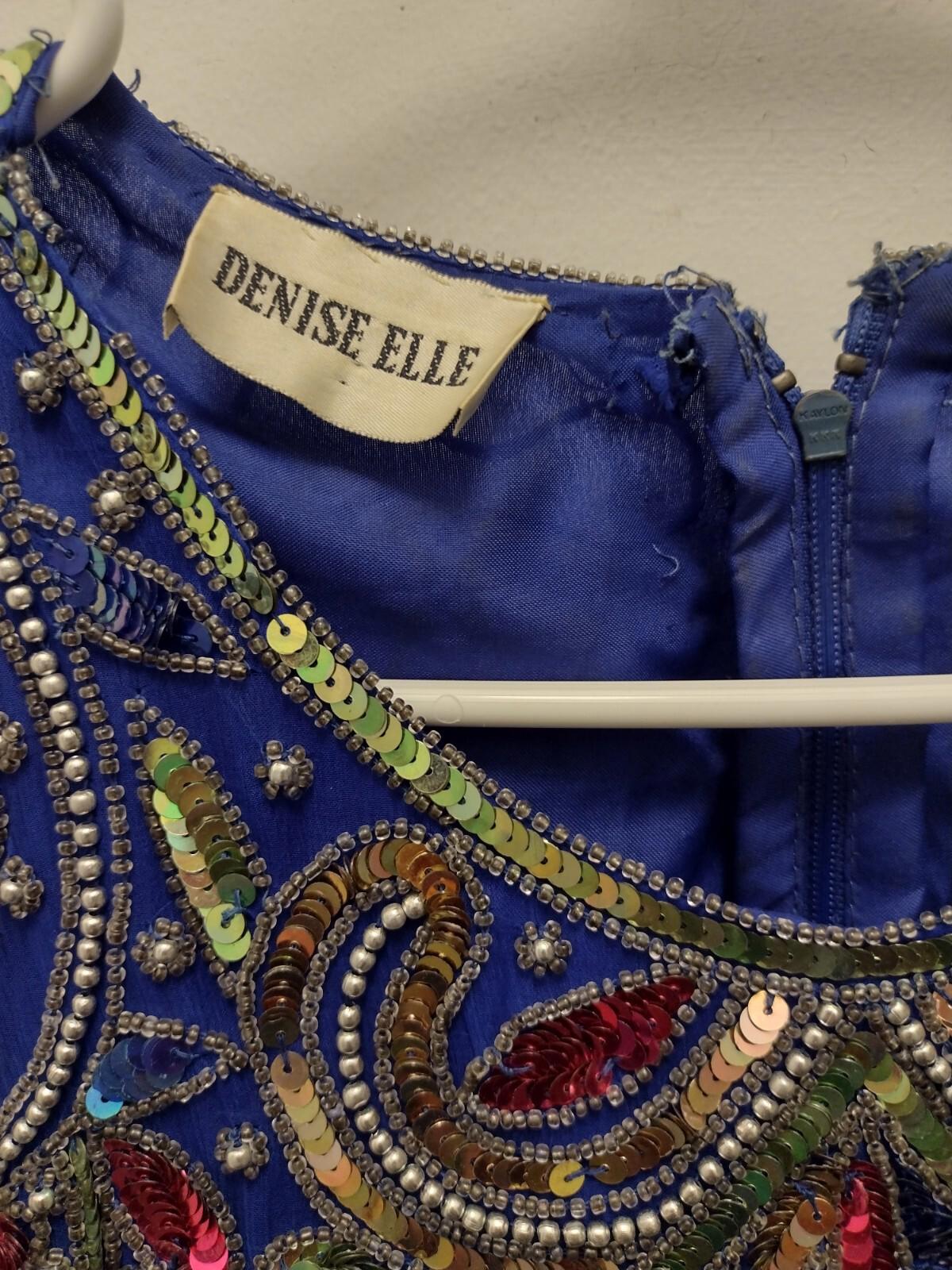 Denise Elle Vintage 80s Blue Beaded Sequin Silk Dress Sz L