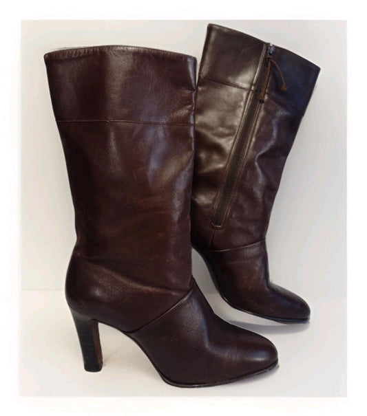 Vintage 70s Selby Brown Leather Zip Boots 7.5M | Talon Zip | Sculptural Heel