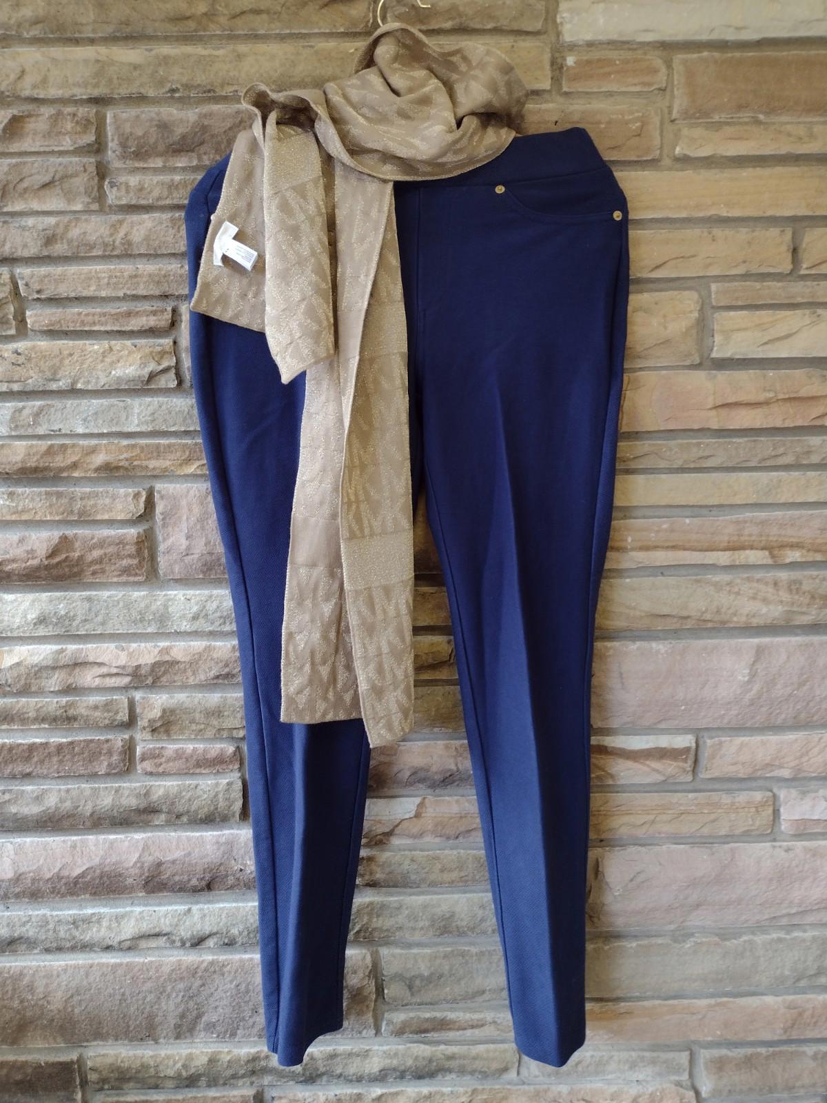 Michael Kors Leggings M + Logo Scarf Set Navy Gold Hardware Designer Bundle