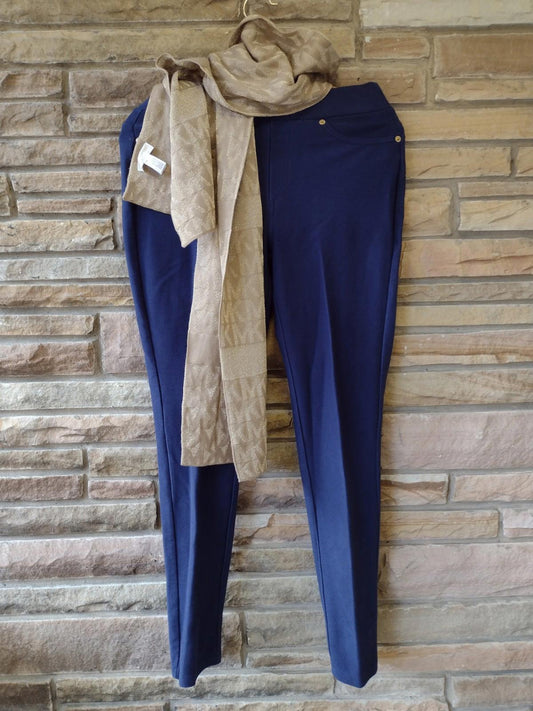 Michael Kors Leggings M + Logo Scarf Set Navy Gold Hardware Designer Bundle