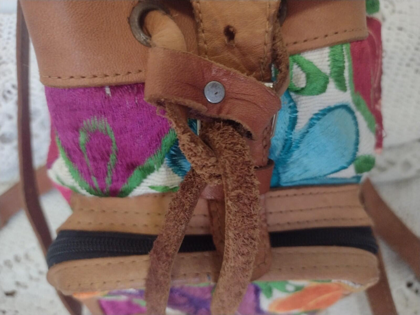 Vintage Handmade Embroidered Floral Leather Mini Backpack Boho Folk Art