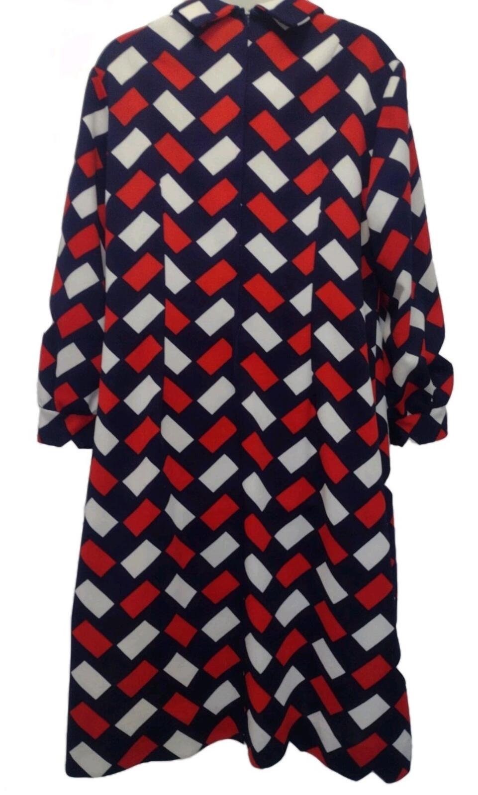 VTG 70s Gracie Square Geo Print Polyester Dress XL Tie Neck