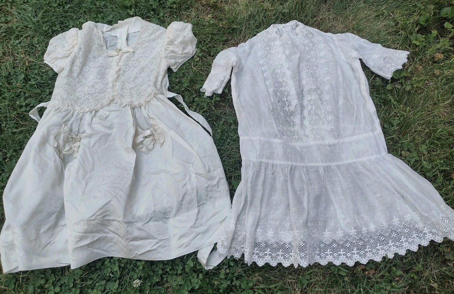 Set Of 2 Antique Estate Handmade Girls Dresses Edwardian Cotton & Taffeta Lace