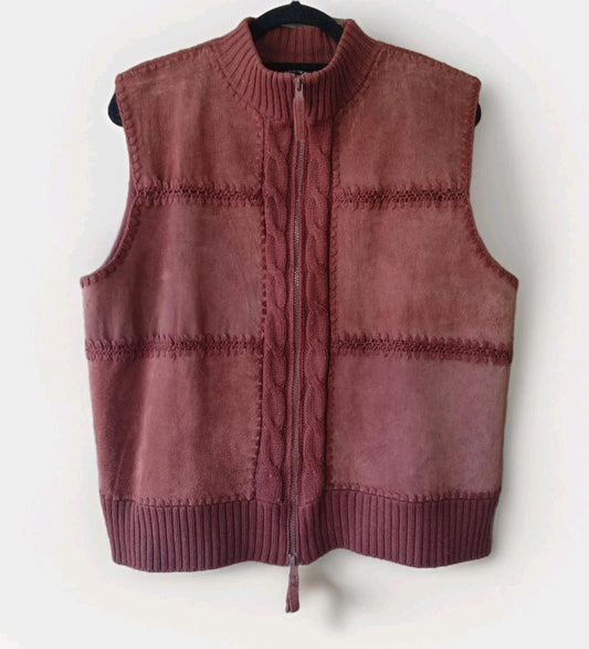 VTG Rust Knit Suede Vest XL 2-Way Zip Crochet Trim Y2K Boho Western RN63757