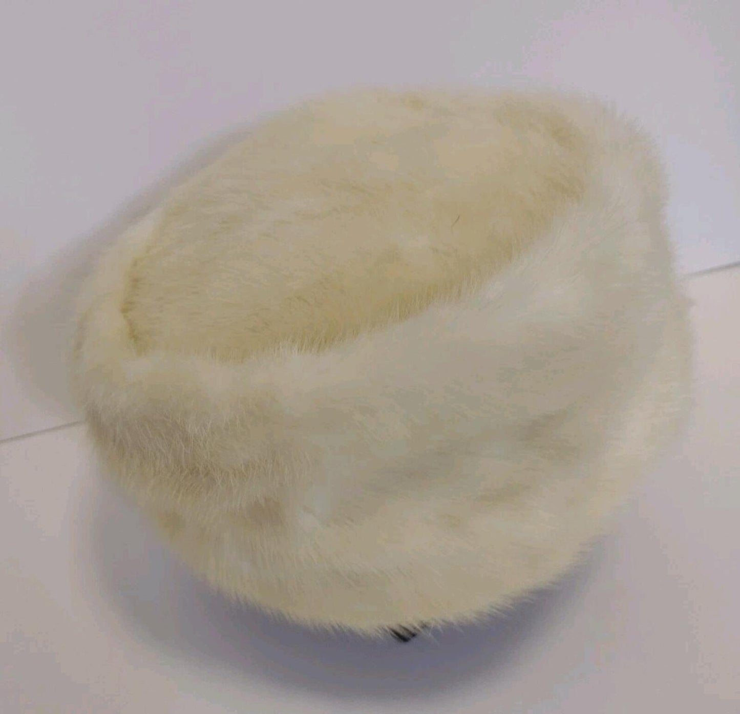 VTG Champagne Mink Pillbox Hat 50s Cream Satin Lined 20.5” Old Hollywood Glam