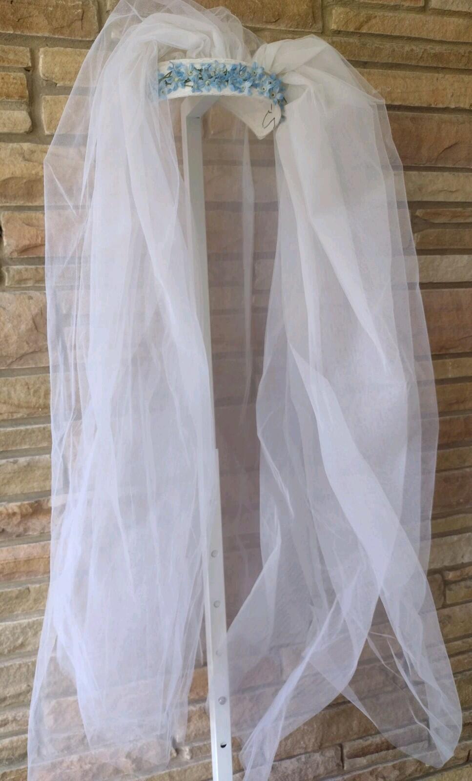 Vintage 1950s Handmade Bridal Juliet Cap Veil w/ Blue Flowers 37” Tulle