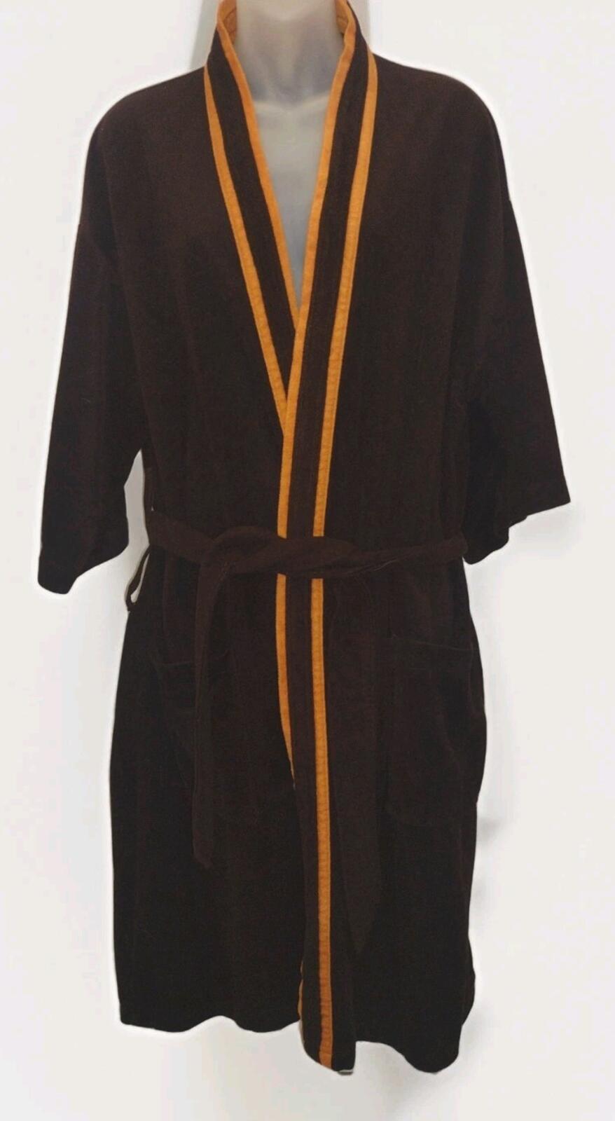 Vintage 70s Swinger Velour Robe Brown Tan Trim Belted OSFA 80s Lounge Wear