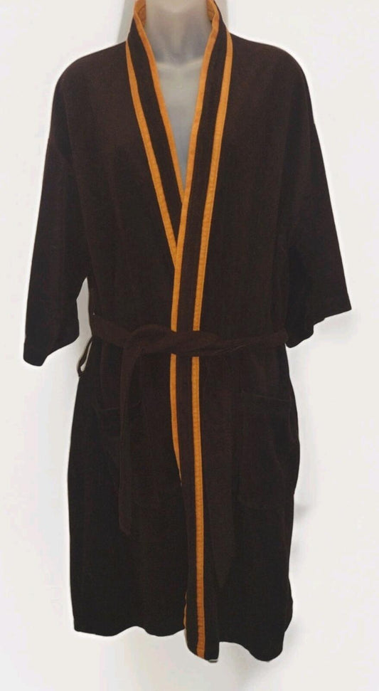 Vintage 70s Swinger Velour Robe Brown Tan Trim Belted OSFA 80s Lounge Wear