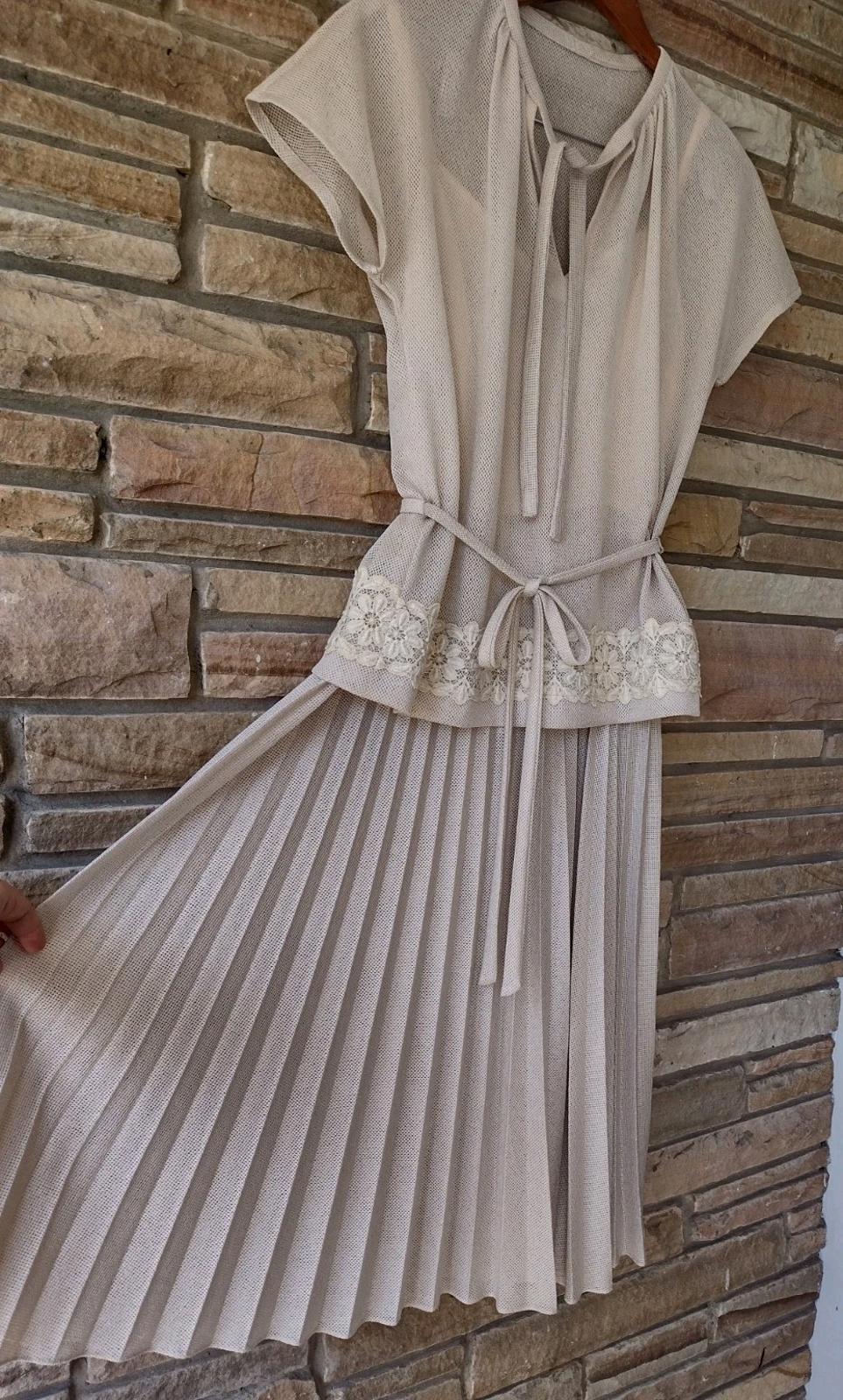 Marion McCoy 60s Mesh Lace 2 Pc Dress Set Pleated Skirt California M Beige