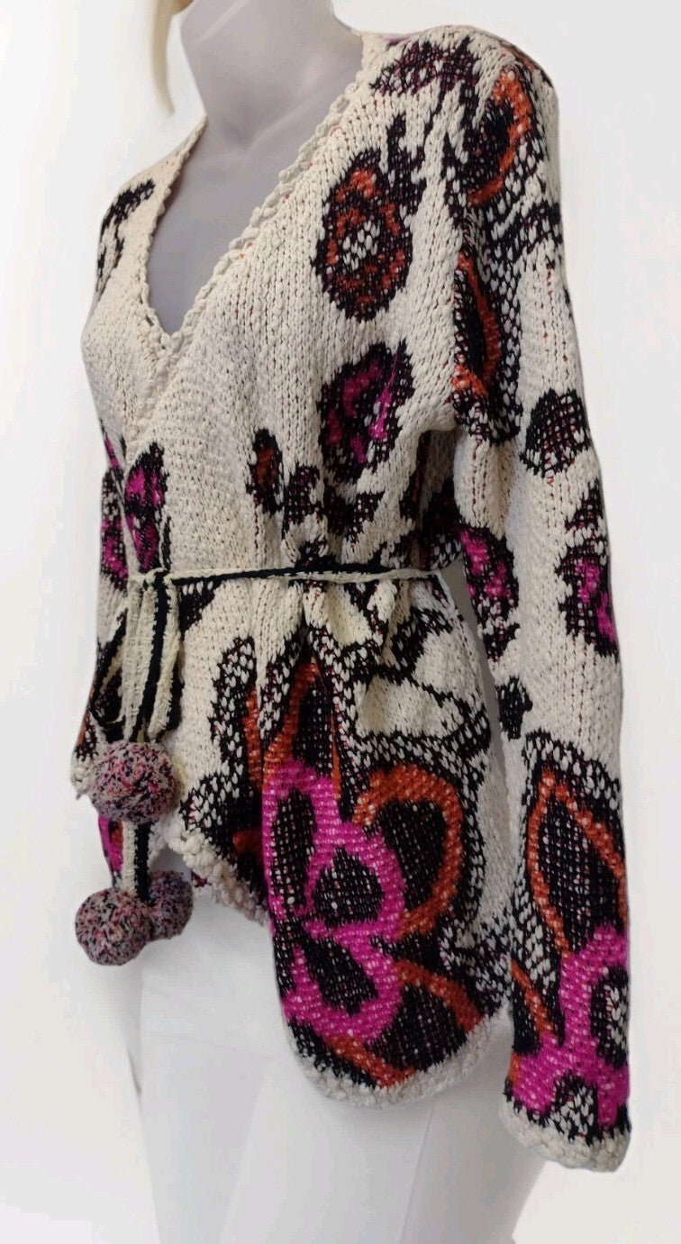 Umgee Wrap Cardigan Sweater Boho Southwestern Pom Pom Belt Festival Cottage S