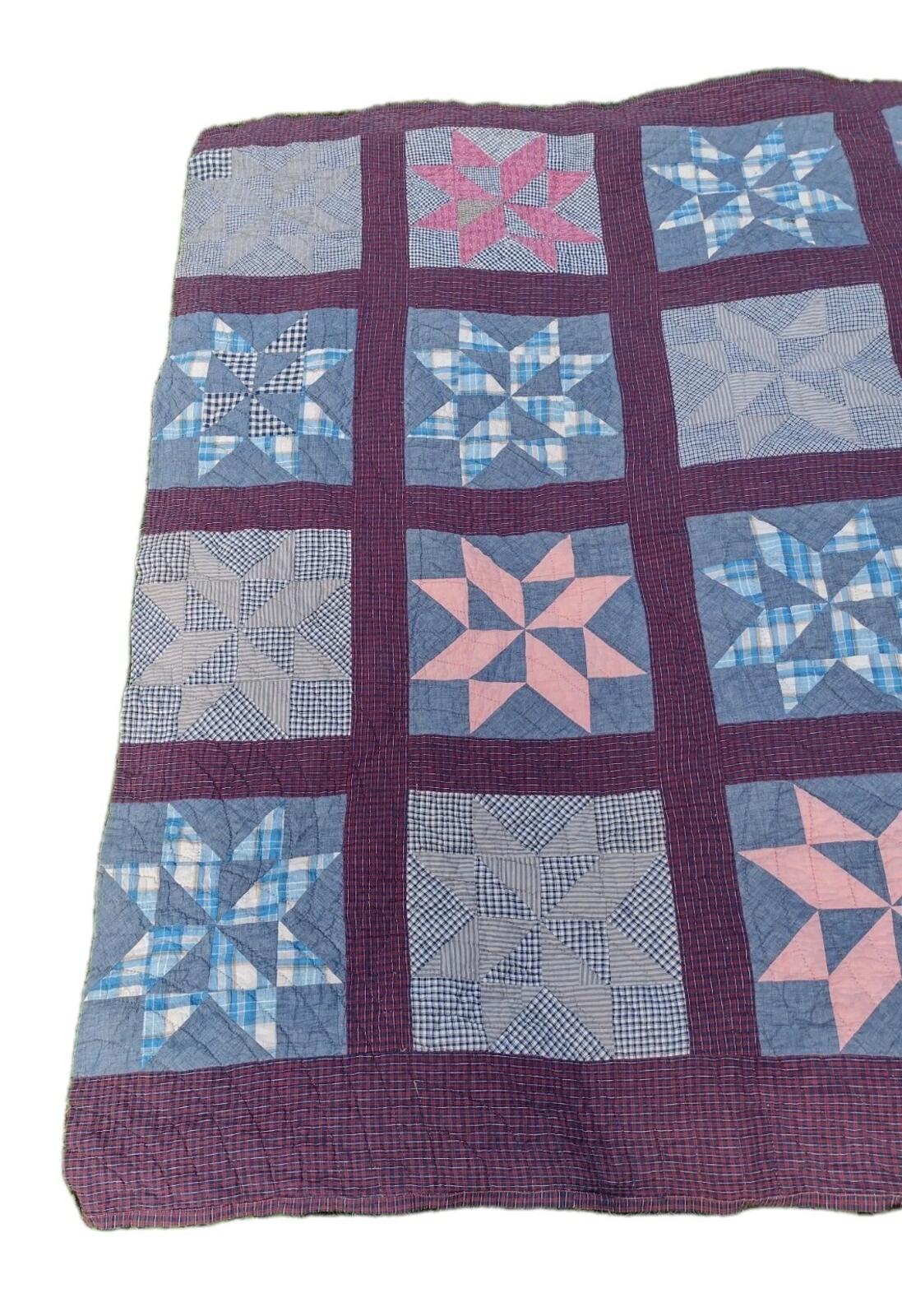 Vintage 40s Hand Quilted Star Quilt Baptist Fan Primitive Americana 68x80