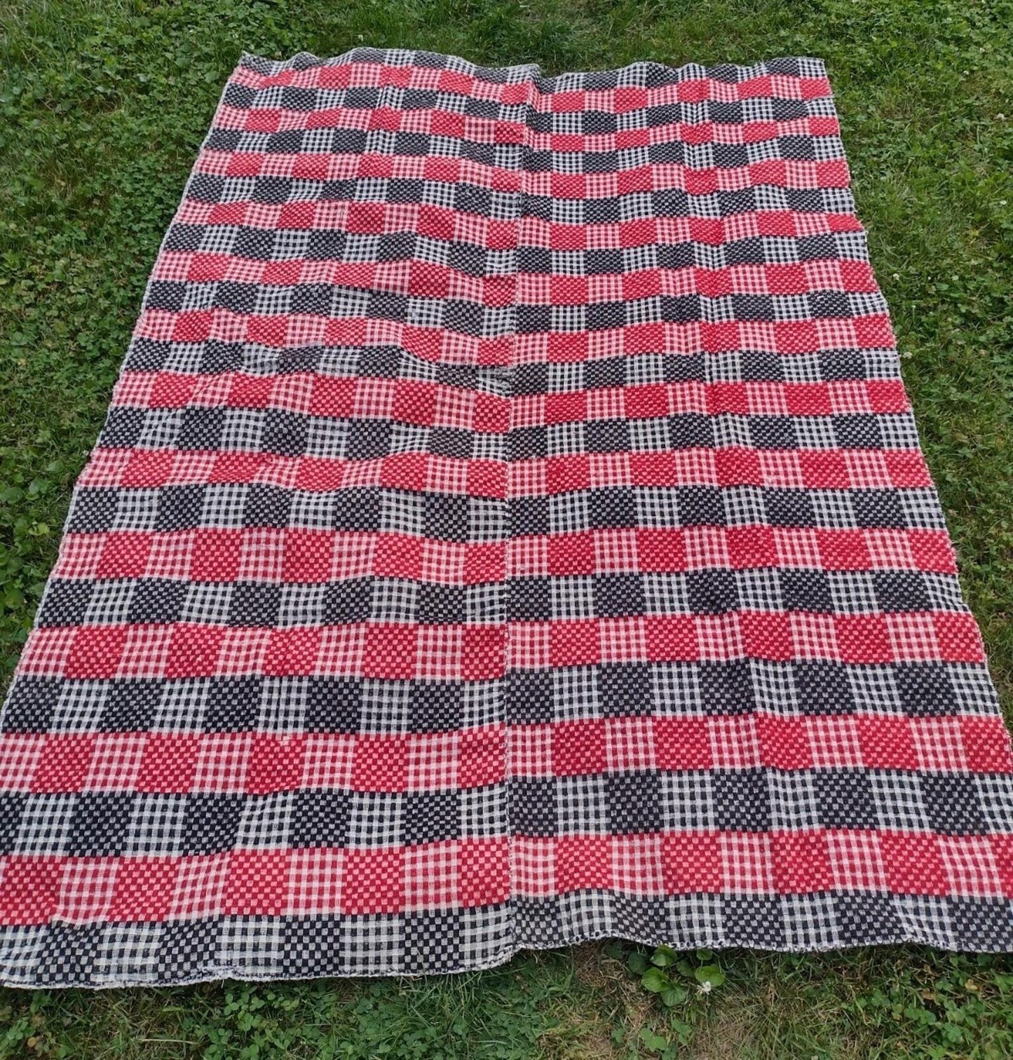 1930s Depression Wool Needlewoven Feed Sack Throw Blanket Red Black Folk 82x60