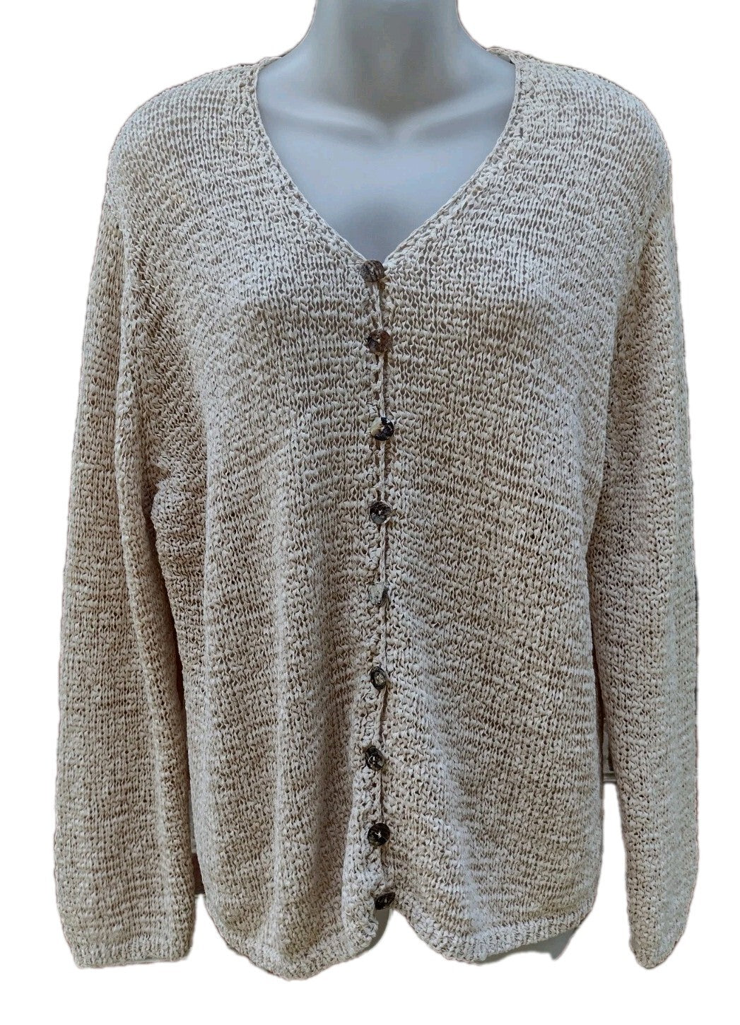Open Knit Cardigan Sweater 1X Vintage 80s Oatmeal Tape Yarn Shell Buttons Boho