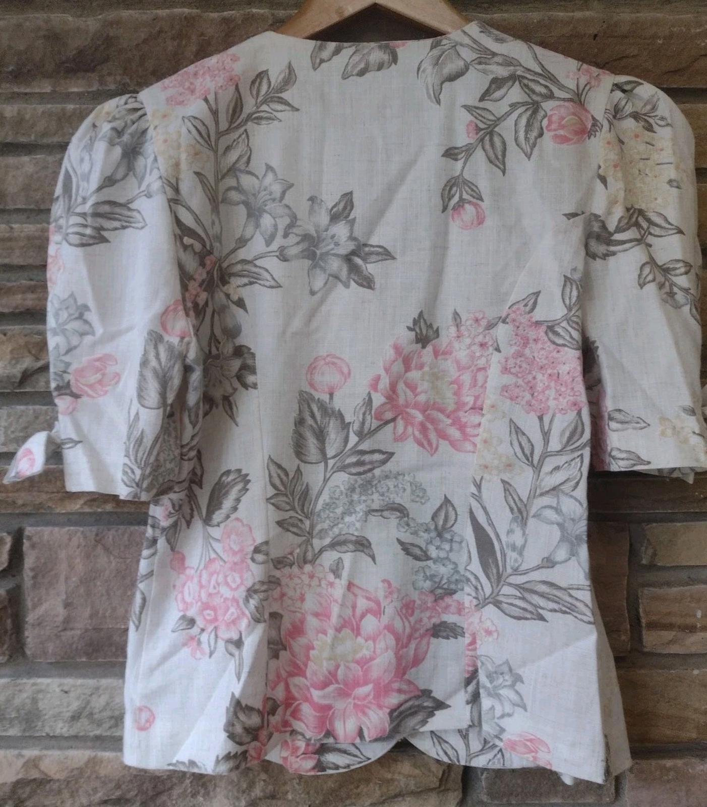 VTG 80s Cropped Floral Jacket Button Front Top Puff Sleeves Bow Flax Blend 3/4