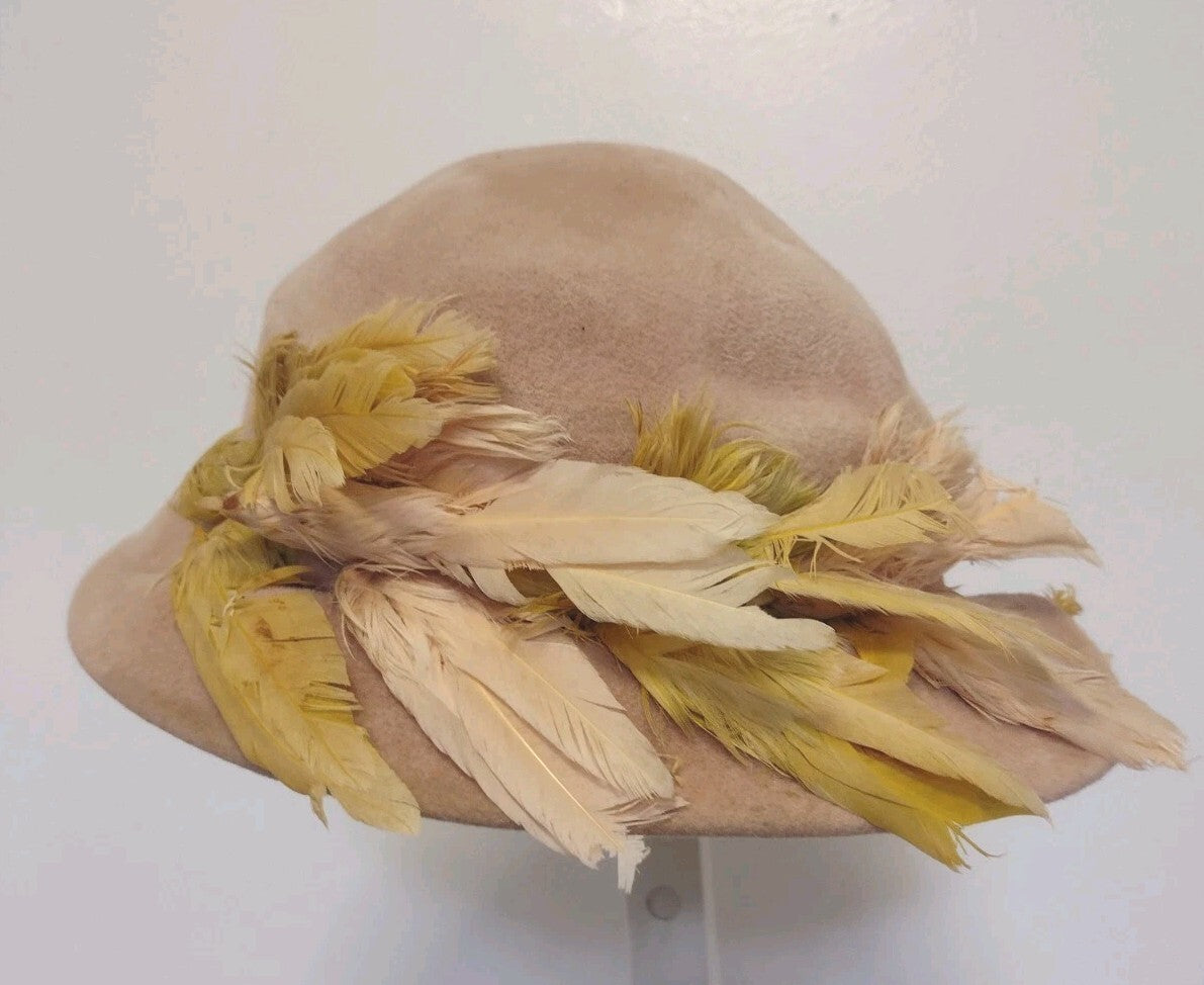 Vintage 1920s 1930s Custom Cloche Hat Velour Felt Feather Art Deco Flapper