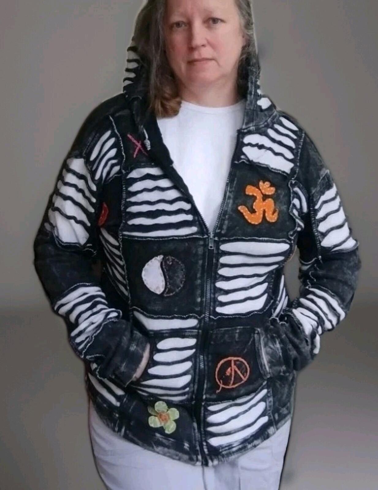 Gray Black Stonewashed Slashed Patchwork Pixie Hooded Jacket Sz XXL