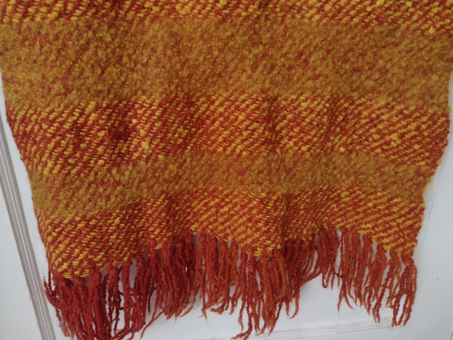 VTG 70s Handwoven Mohair & Wool Wrap Shawl Claudia Rosen, Weaver Red Yellow Rust