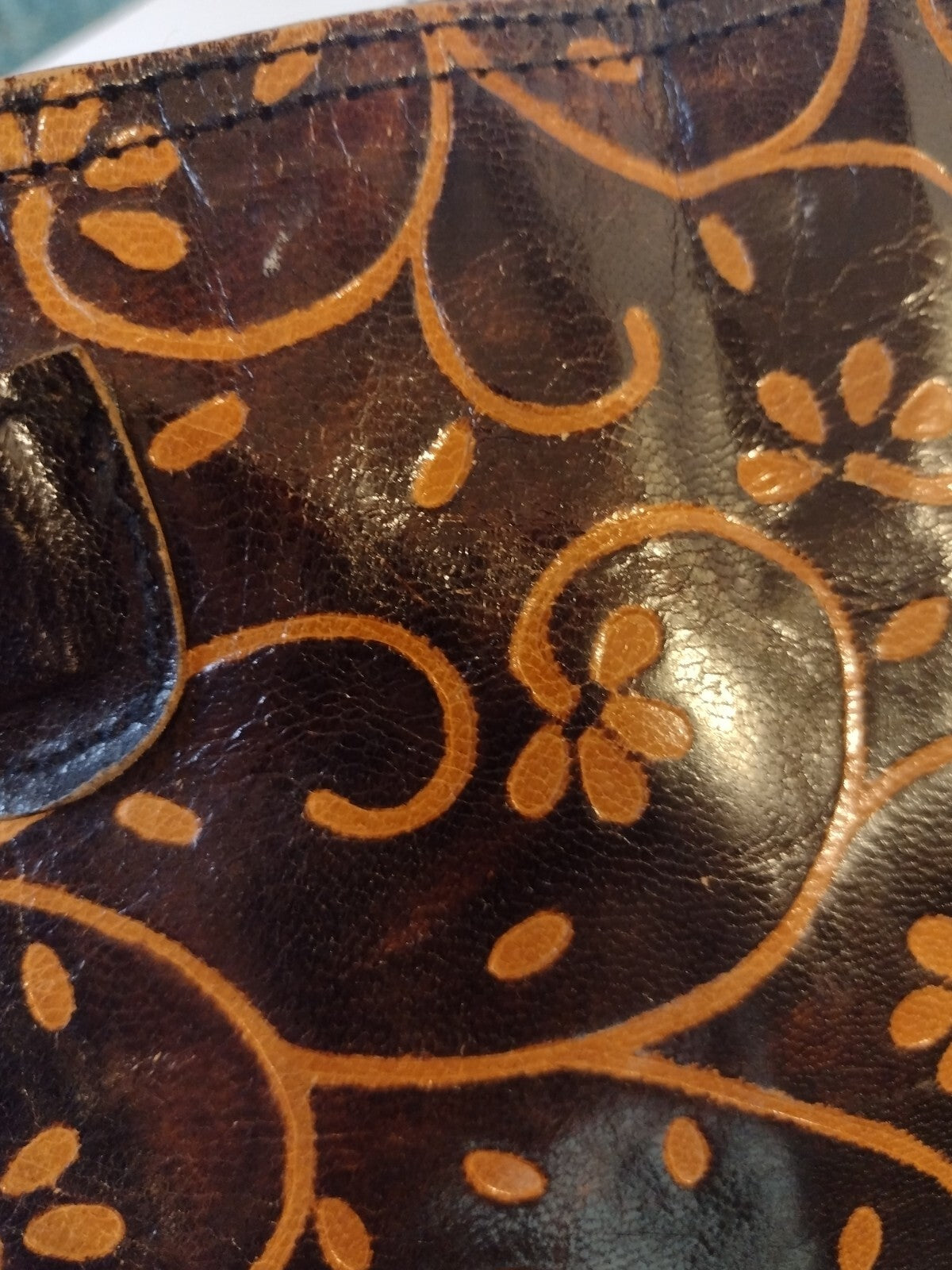 Vintage Embossed Floral Leather Tote Bag Brown Boho Western Artisan Shoulder Bag