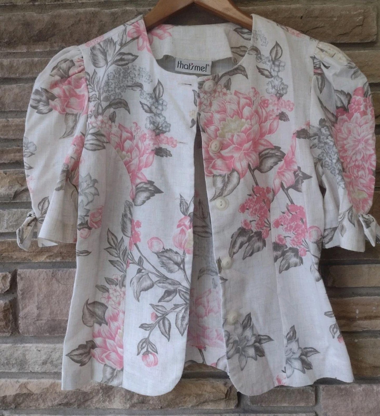 VTG 80s Cropped Floral Jacket Button Front Top Puff Sleeves Bow Flax Blend 3/4
