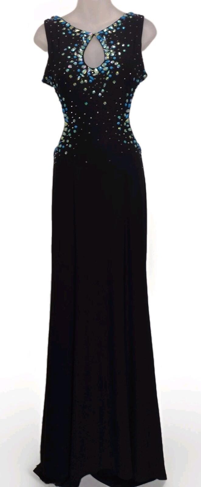 JK Black Rhinestone Keyhole Evening Gown Stretch Formal Dress Size 6