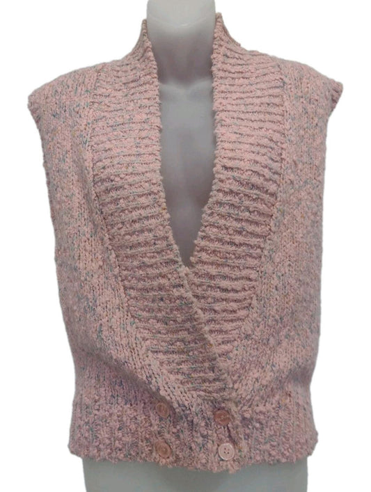 VTG 90s Motifs Popcorn Knit Tweed Sweater Vest Pink Speckled Double Breasted S