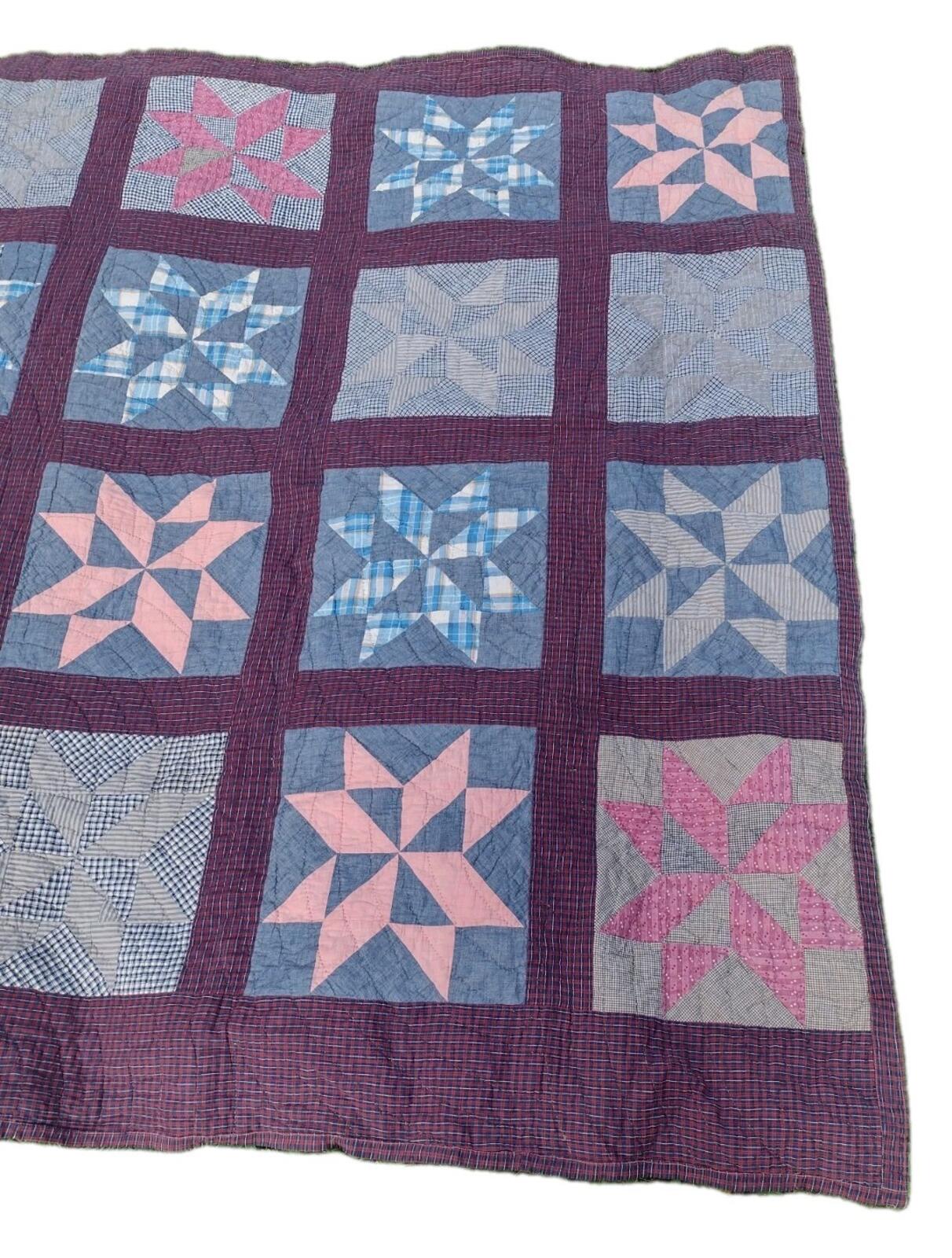 Vintage 40s Hand Quilted Star Quilt Baptist Fan Primitive Americana 68x80