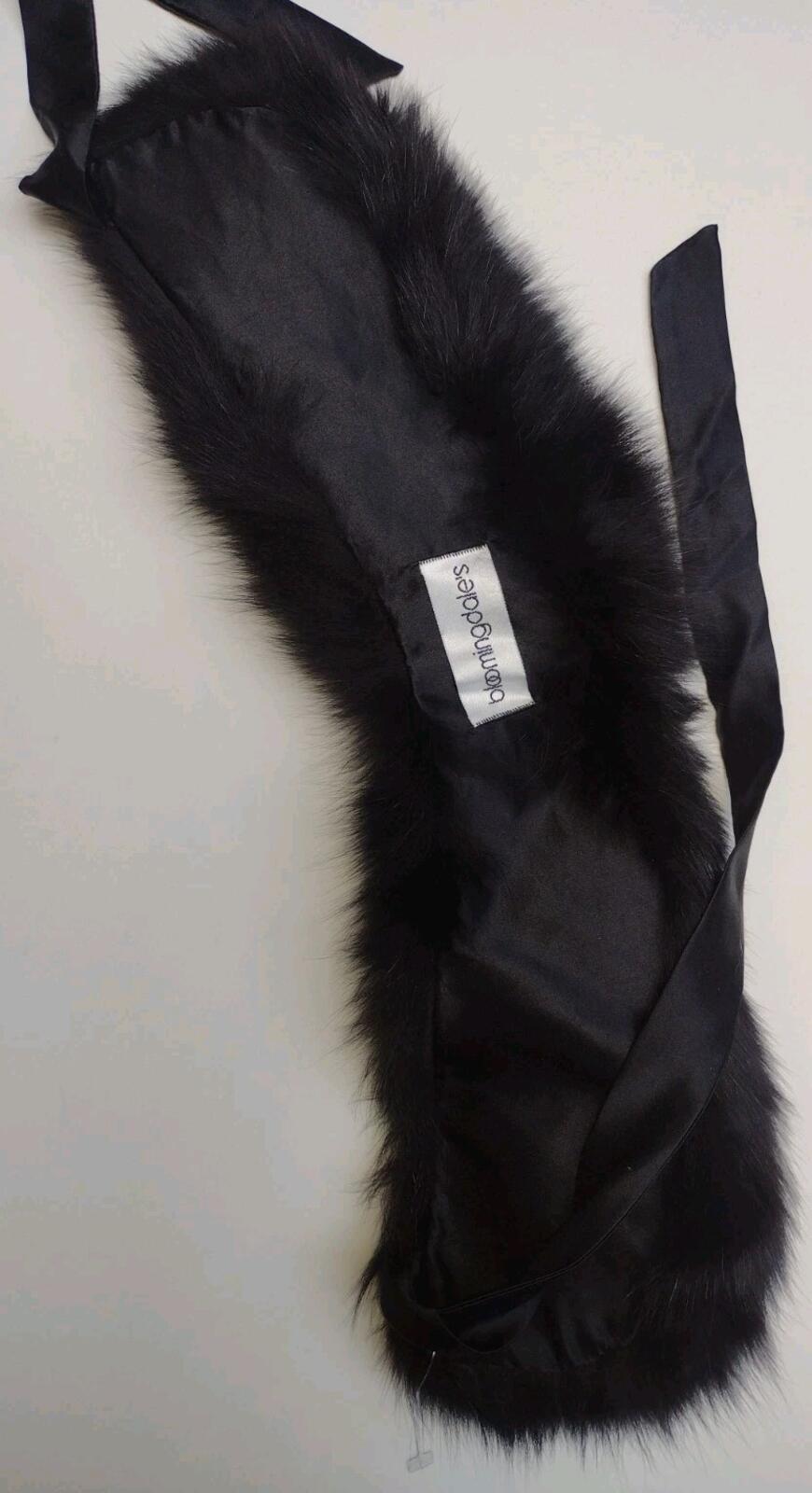 Vintage Bloomingdale’s Fox Fur Collar Black Satin Ribbon Tie Luxe Wrap NWOT