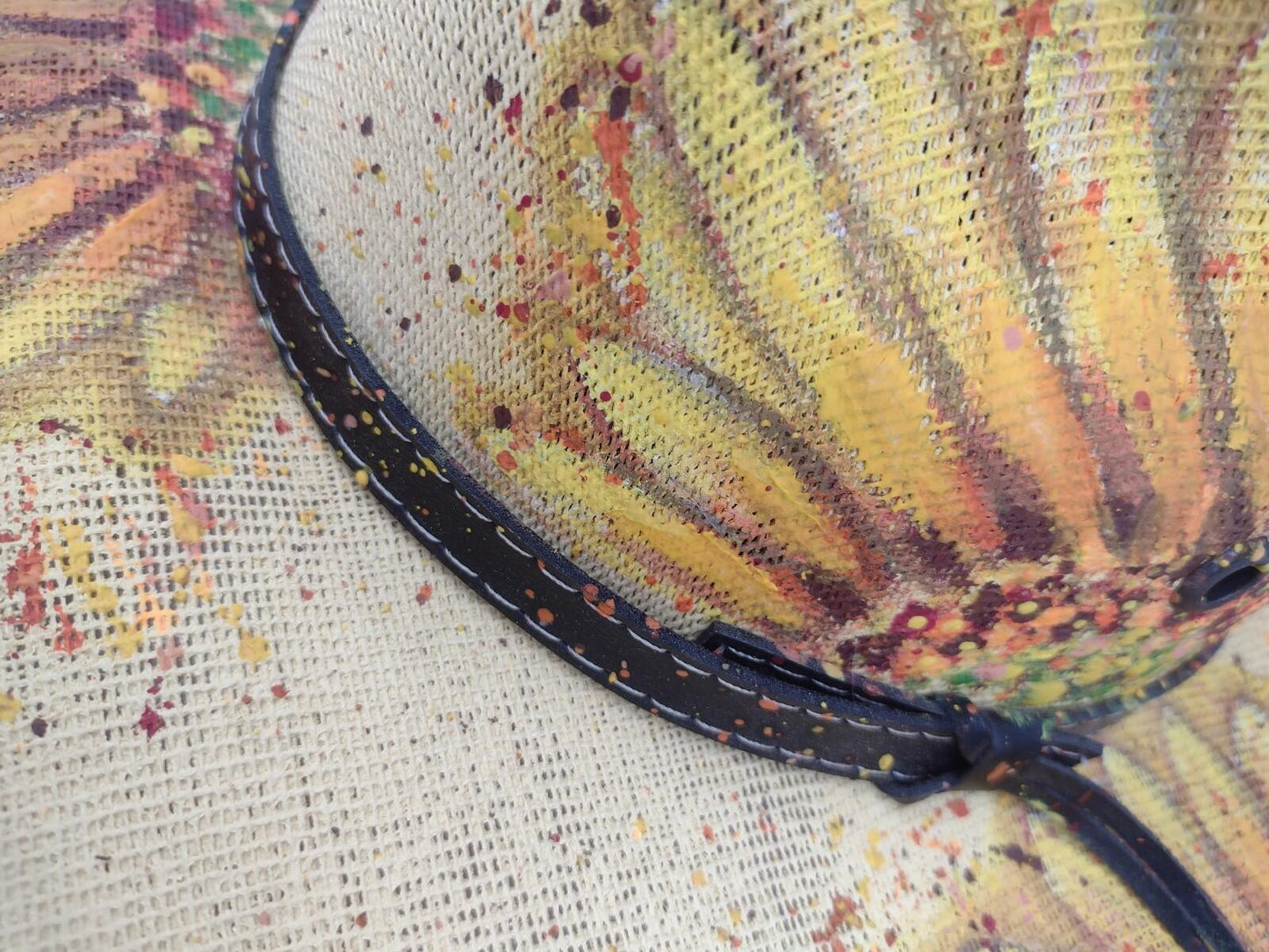VTG Hand Painted Sunflower Mexican Straw Hat Leather Band Boho Western Ranch M