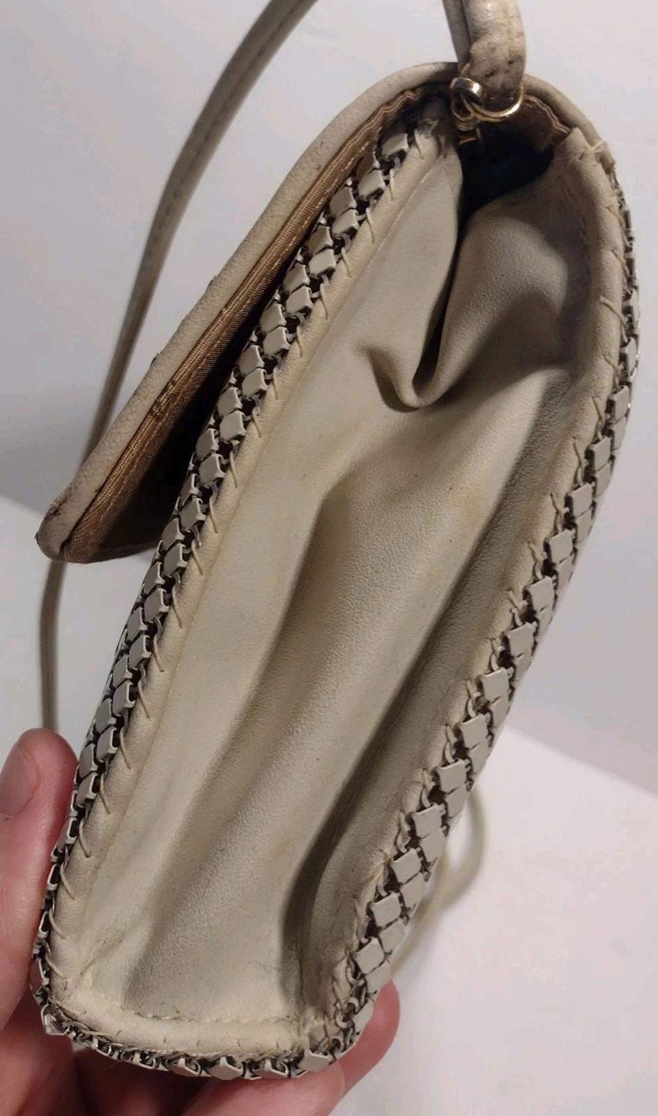 Vintage Whiting & Davis Mesh Clutch Shoulder Bag Beige Leather Hong Kong