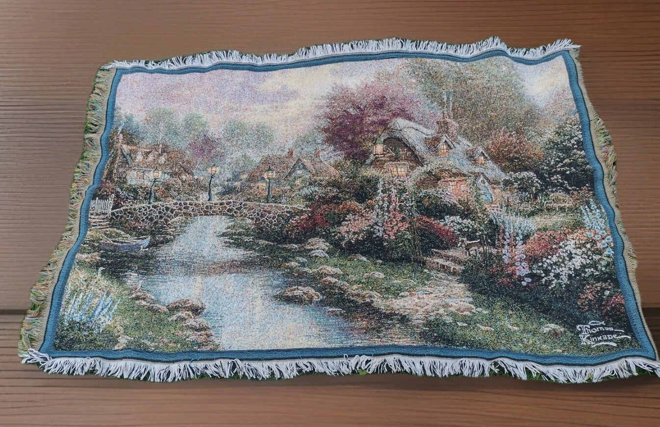 Thomas Kinkade Tapestry Throw Blanket Cottage Bridge Floral Cotton USA Licensed