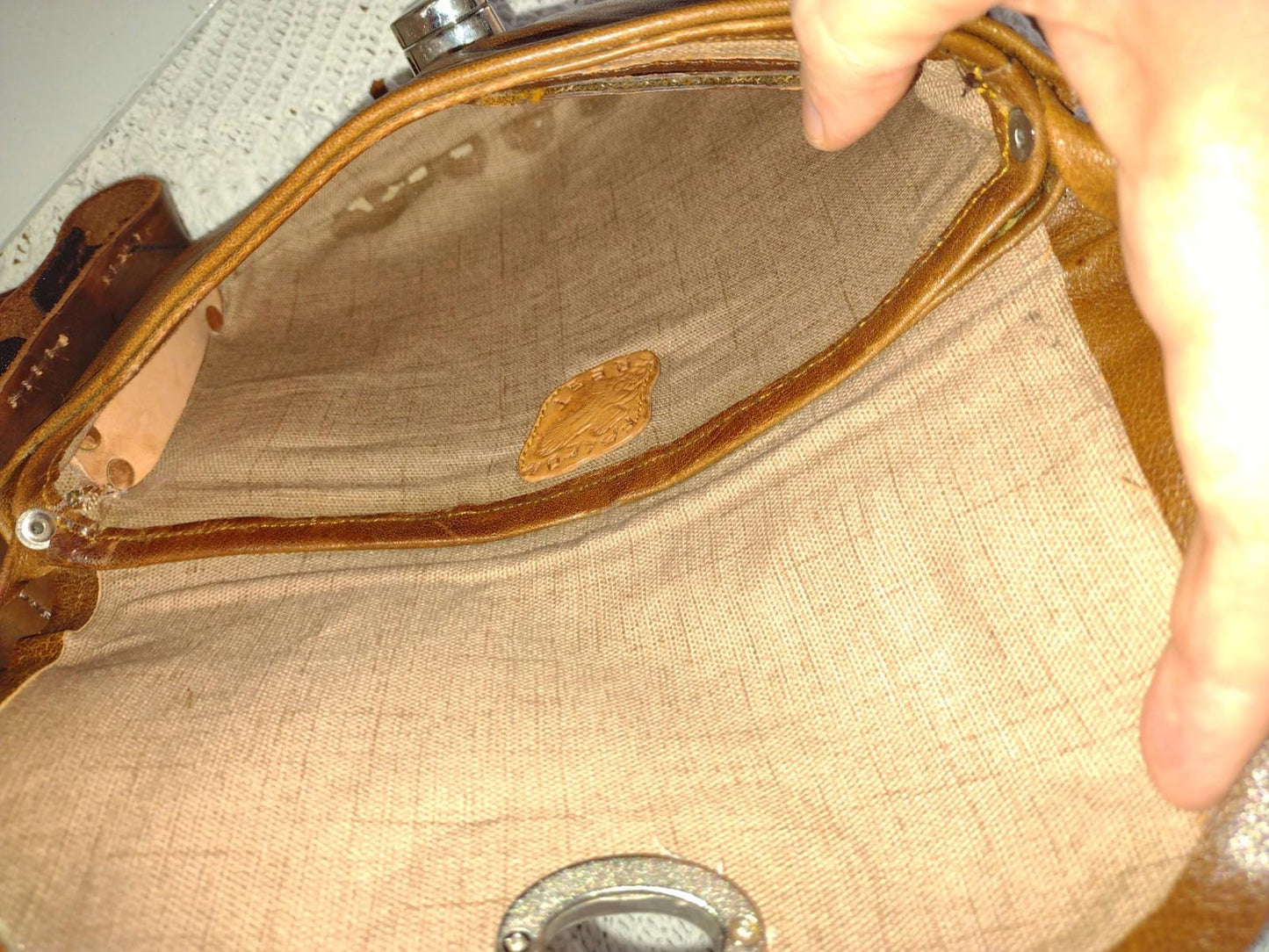 Vintage 80s Handmade Leather Crescent Crossbody Bag Falcon Crest Turn Lock