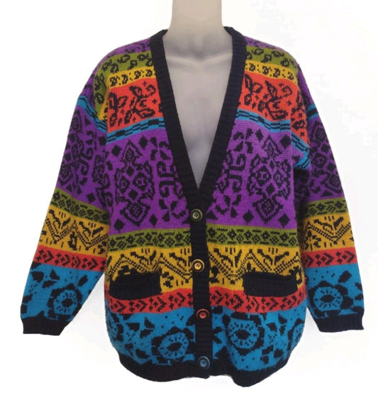 Vintage 80s In The Park Colorful Geometric Cardigan Sweater Small PocketsRetro