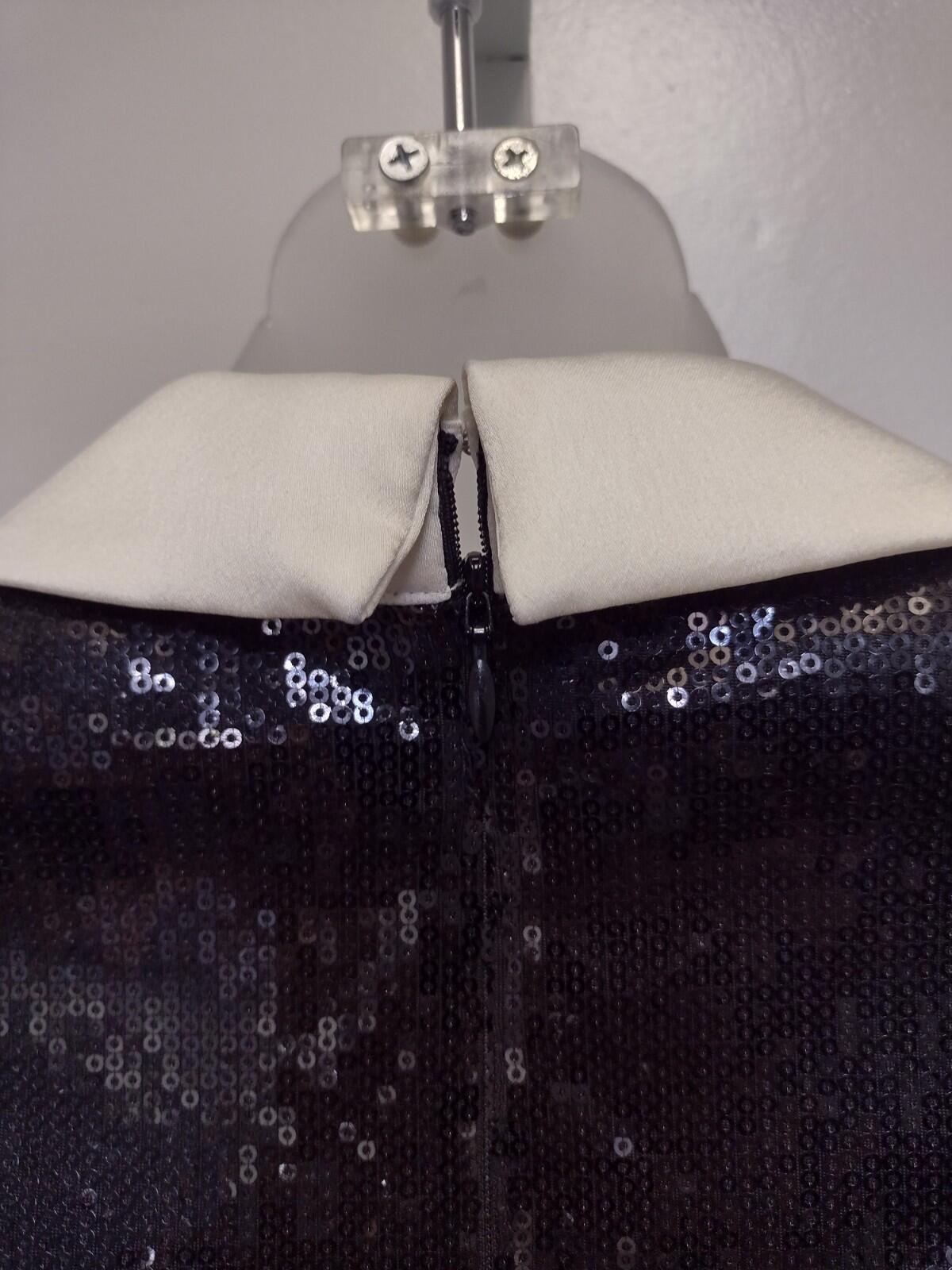 Black Sequin Satin Collar Mini Dress 0P Modern Glam Mod Prep Girlhood Inspired