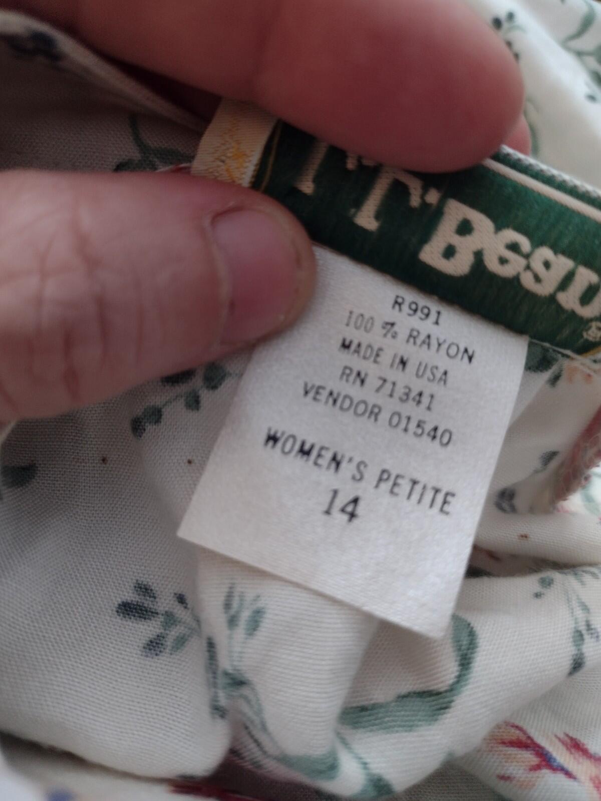 VTG L.L.Bean Floral Rayon Dress Petite 14 Made in USA Button Front Tie Back