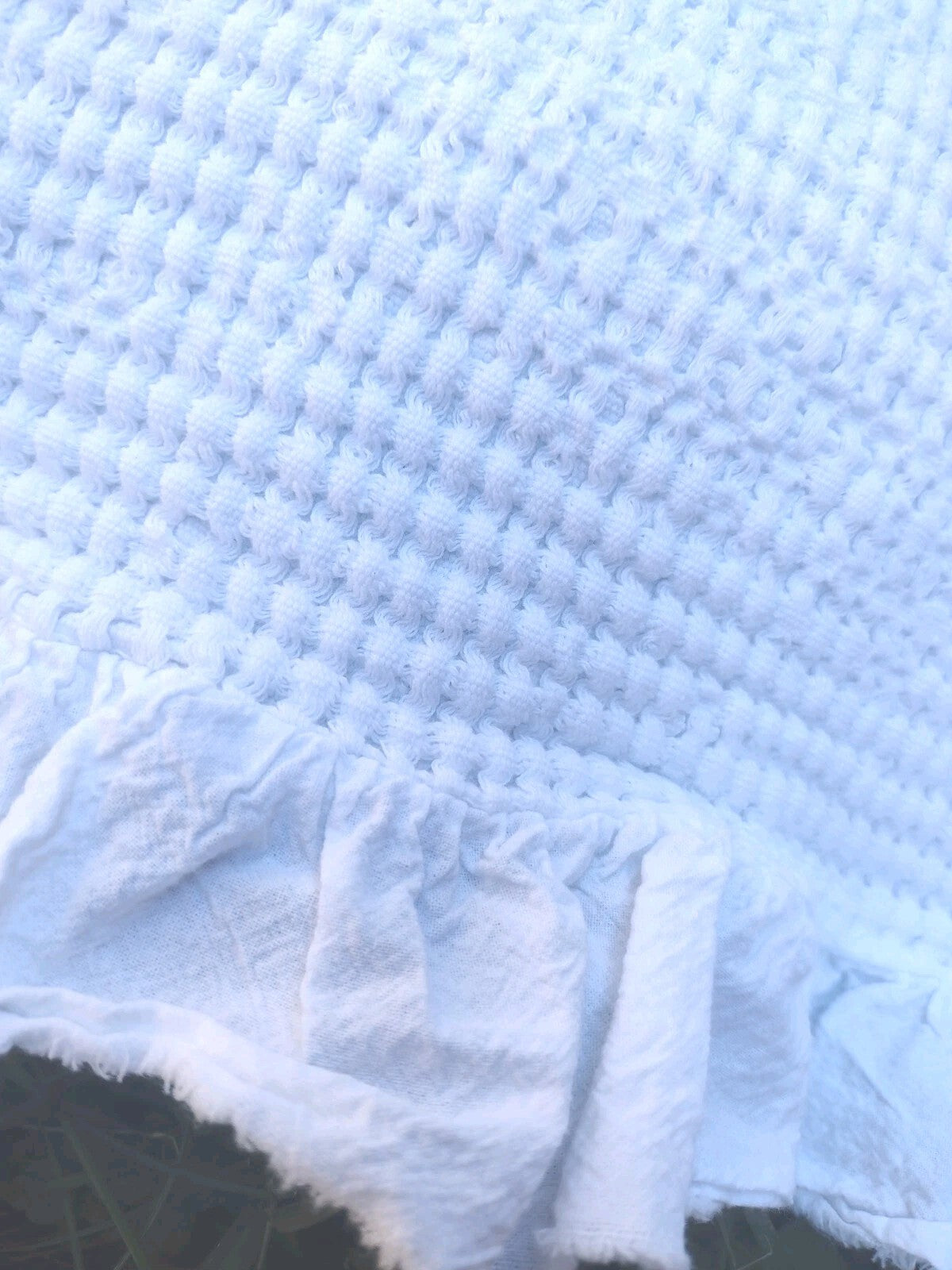 INUP Home Waffle Weave Throw Blanket White Ruffle Trim Portugal Cotton 72x48