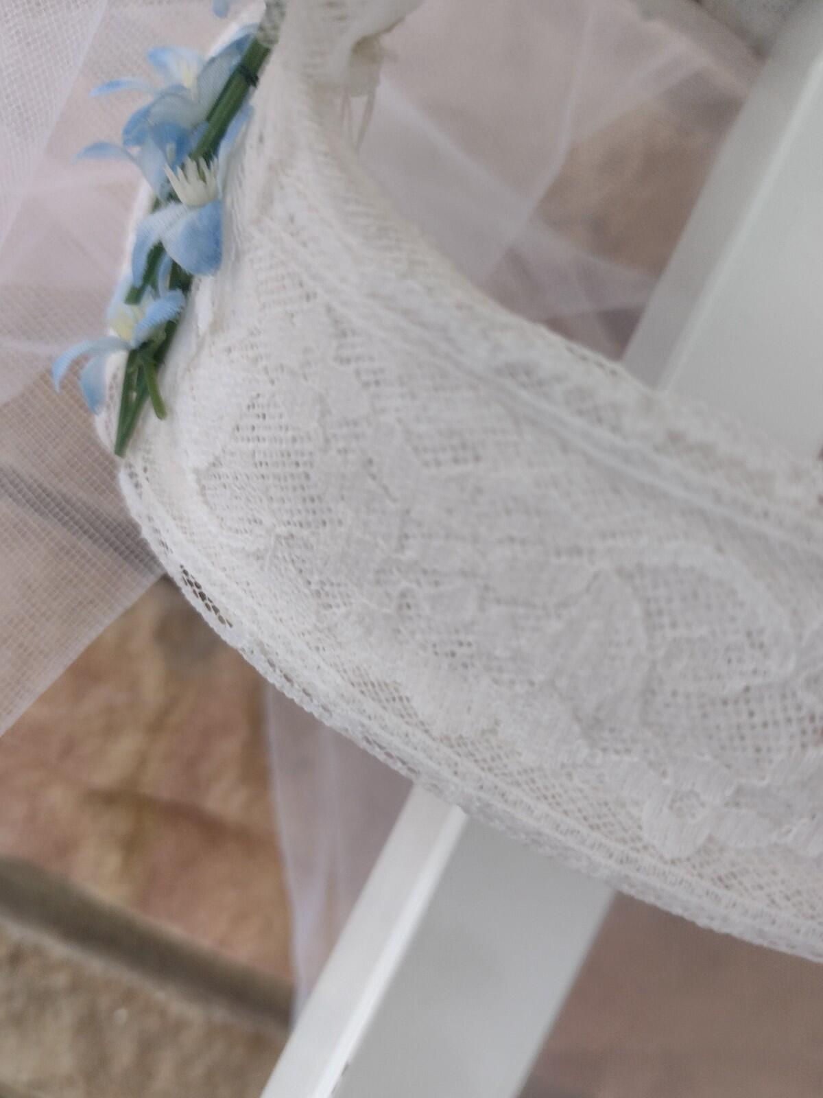 Vintage 1950s Handmade Bridal Juliet Cap Veil w/ Blue Flowers 37” Tulle