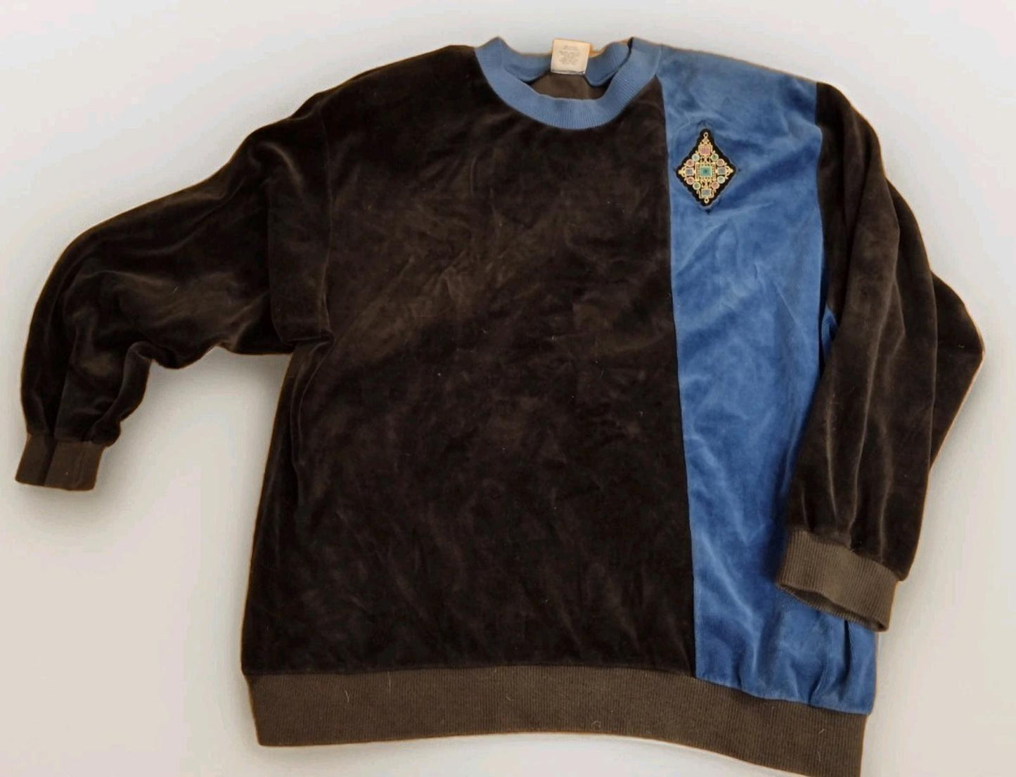 VTG 80s  Black & Blue Velour Sweatshirt Shoulder Pads Jewel Patch Aileen Too 20W