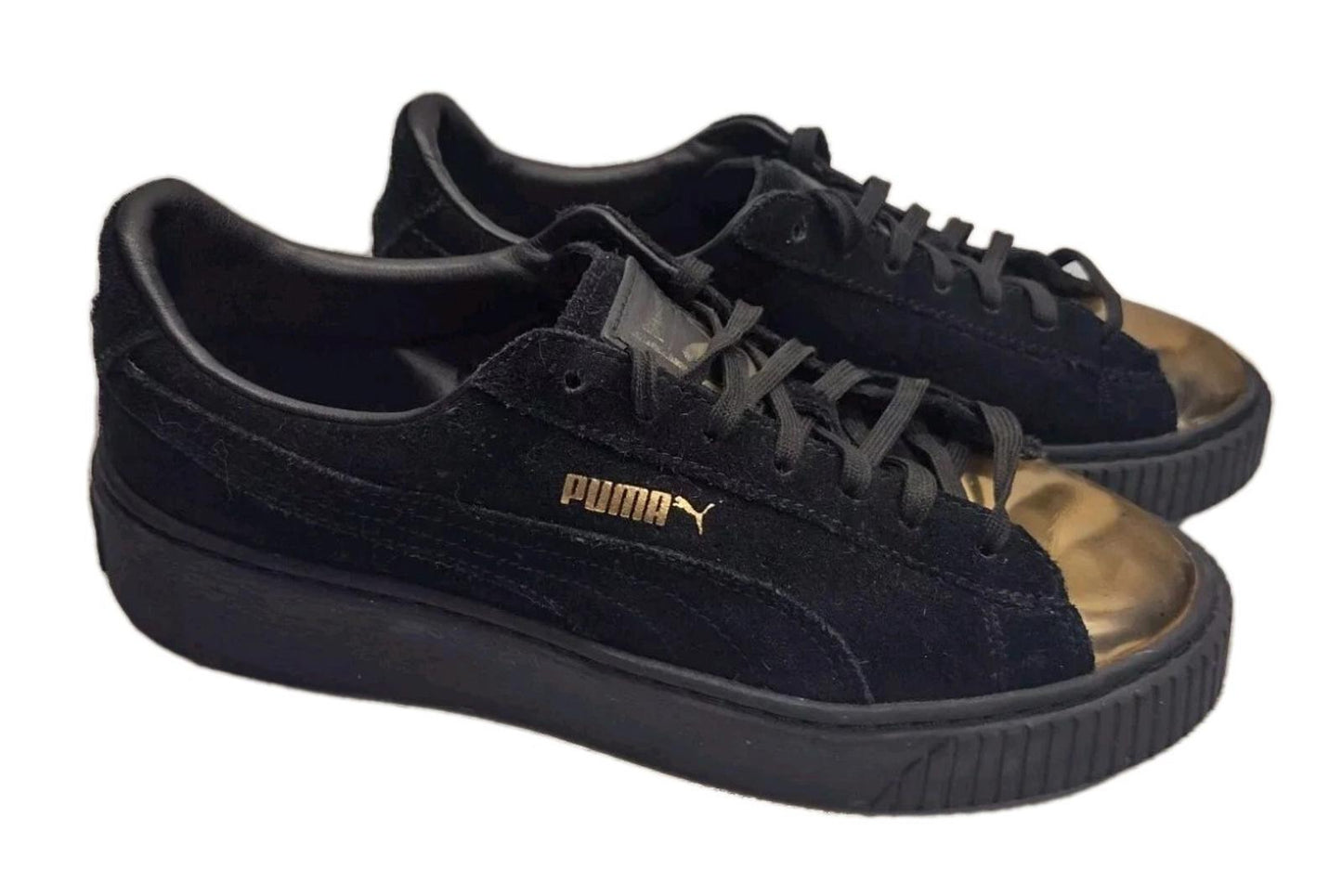 Puma Black Suede Gold Toe Platform Sneakers Sz 7.5 Women