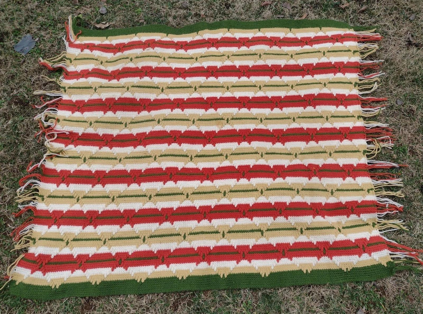 Vintage 70s Hand Crochet Throw 48x58 Retro Stripe Diamond Stitch Fringe Afghan