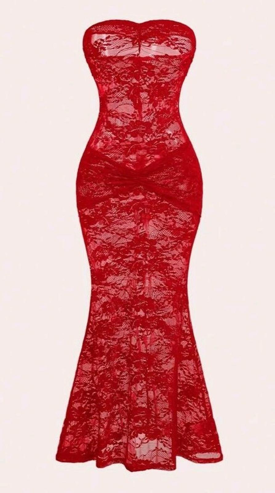 Red Stretch Lace Maxi Mermaid Dress Sheer Rear Shaping Sz L
