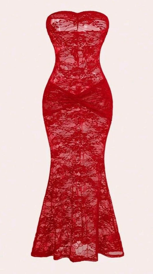 Red Stretch Lace Maxi Mermaid Dress Sheer Rear Shaping Sz L