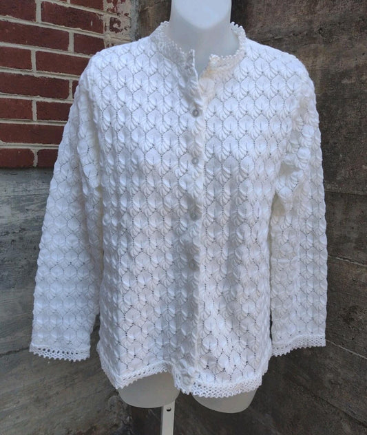 VTG 60s Allmericana Leaf Lace Openwork Acrylic Cardigan Sweater Sz 40 Grandma