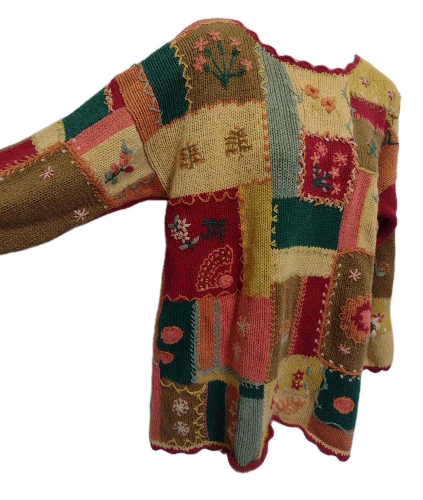 Vintage Reed Hunter Patchwork Floral Grandma Sweater M Hong Kong Hand Knit