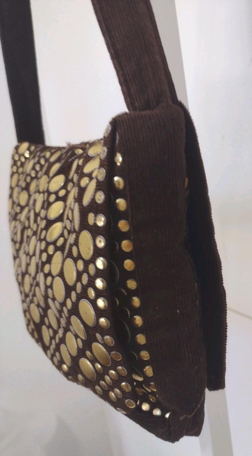 VTG 70s Boho Glam Corduroy Gold Medallion Shoulder Bag Hong Kong Purse Studio 54