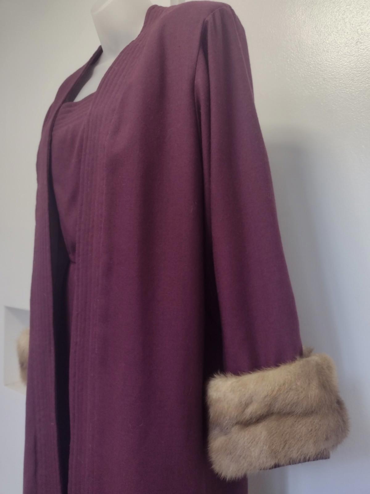 Vintage 60s Eggplant Wool Evening Coat & One‑Shoulder Gown Set w/ Mink Cuffs M