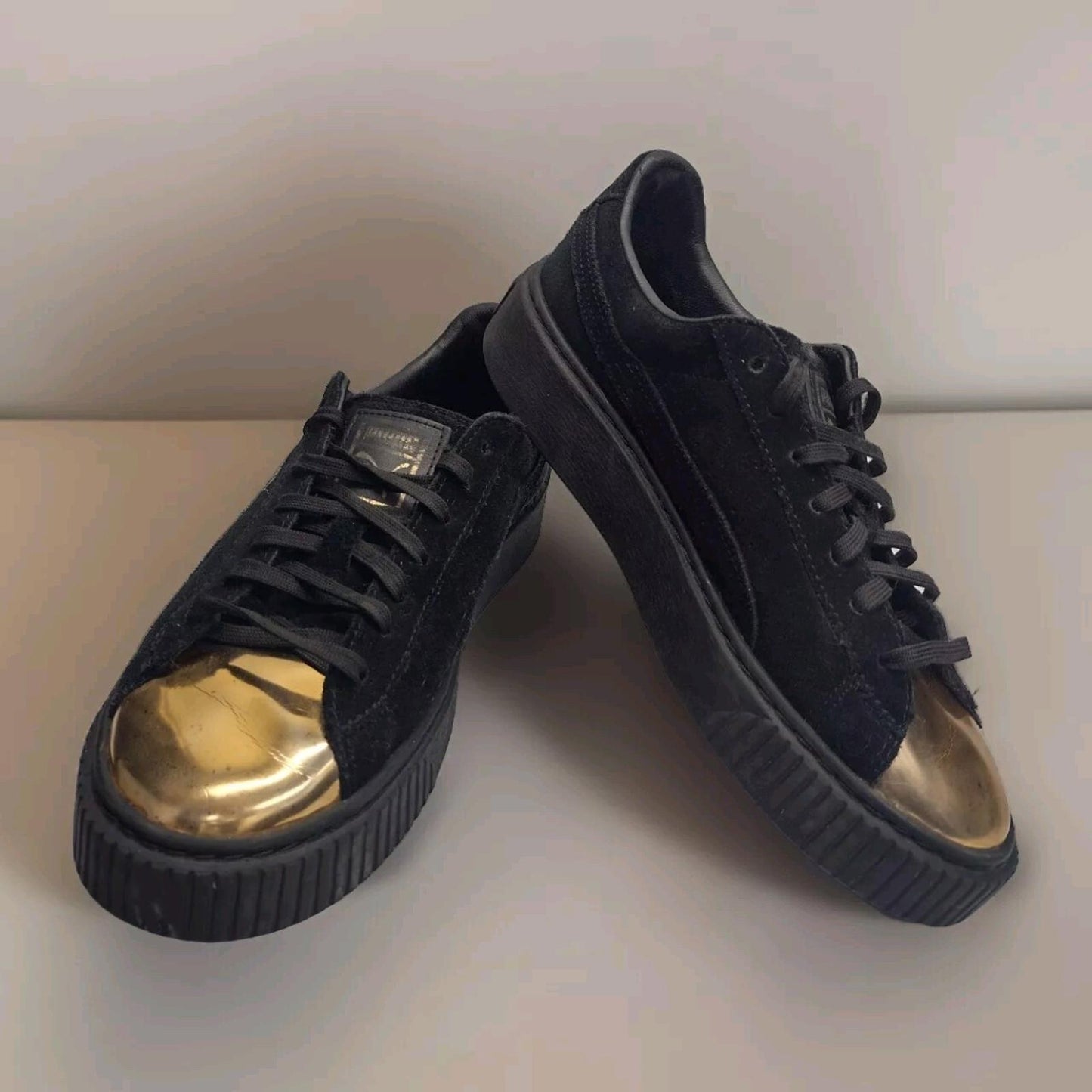 Puma Black Suede Gold Toe Platform Sneakers Sz 7.5 Women
