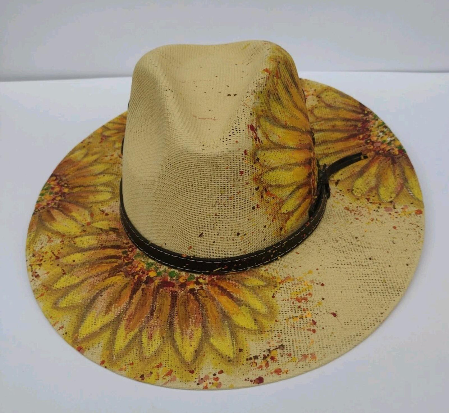 VTG Hand Painted Sunflower Mexican Straw Hat Leather Band Boho Western Ranch M