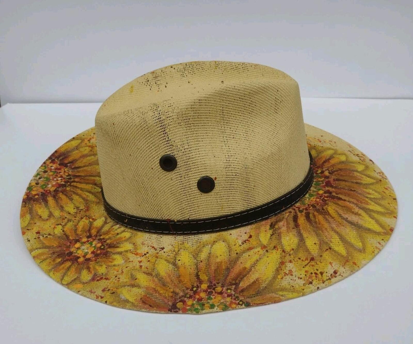 VTG Hand Painted Sunflower Mexican Straw Hat Leather Band Boho Western Ranch M